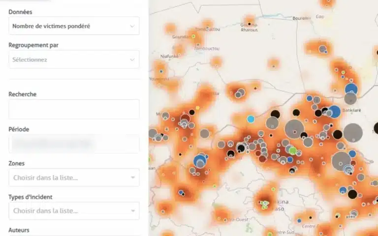 Vue de la carte Sahel Watch avec les filtres par type d’incident et par période
