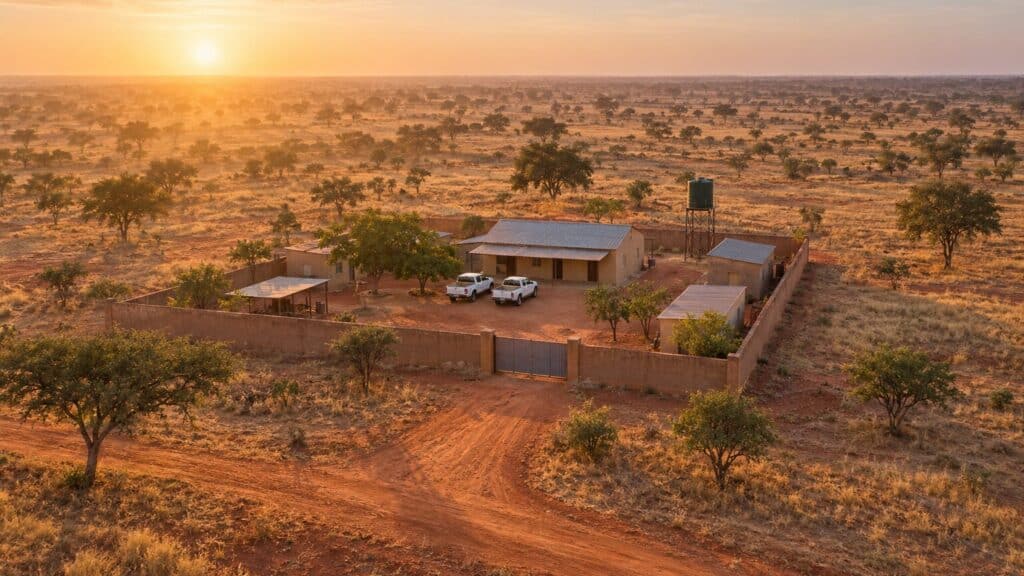 Vue aérienne d'une petite base logistique clôturée en bordure de savane sahélienne, au lever du soleil