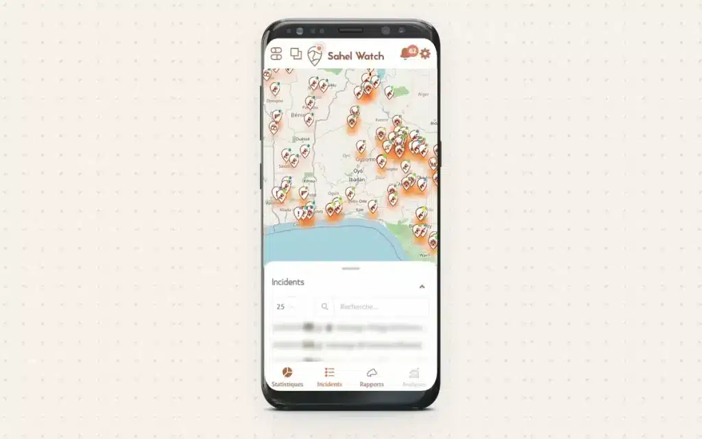 Application mobile Sahel Watch : carte des incidents et liste des derniers incidents sur téléphone