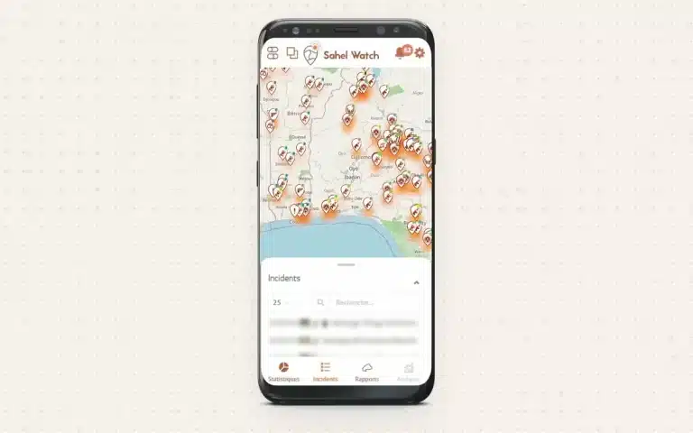 Application mobile Sahel Watch : carte des incidents et liste des derniers incidents sur téléphone