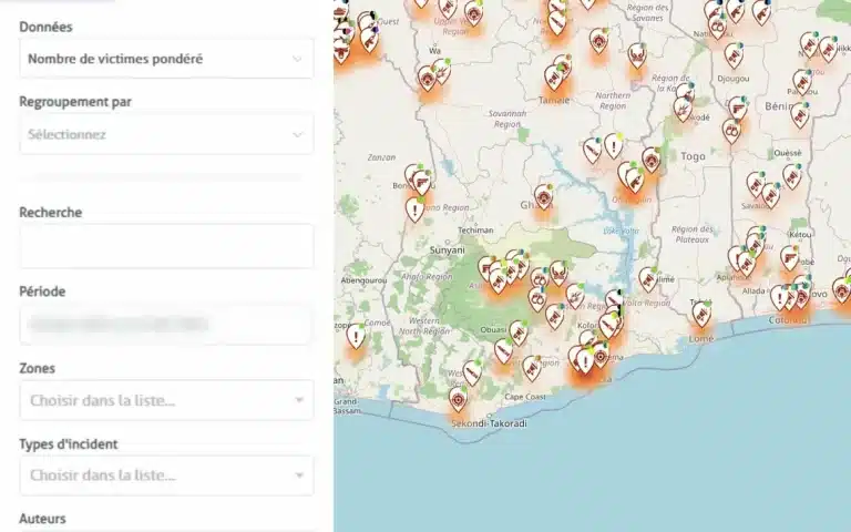 Vue de la carte Sahel Watch avec les filtres par type d’incident et par période, sur le Ghana, le Togo et le Bénin