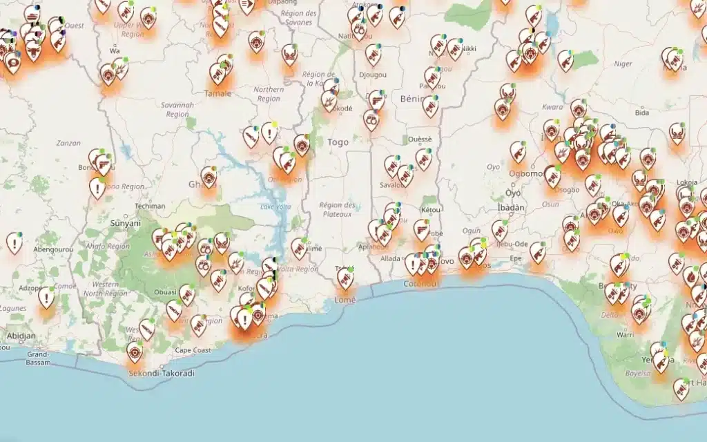Carte de l’application Sahel Watch : incidents géolocalisés dans les pays du golfe de Guinée, de la Côte d’Ivoire au Nigeria