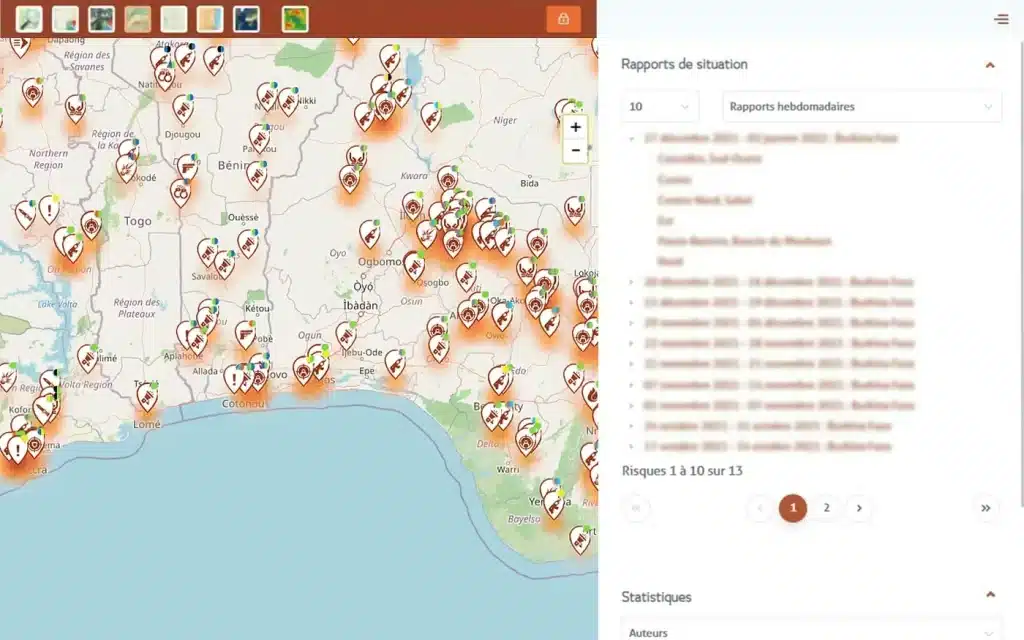 Page des rapports Sahel Watch : carte des incidents à côté de la liste des rapports de situation hebdomadaires